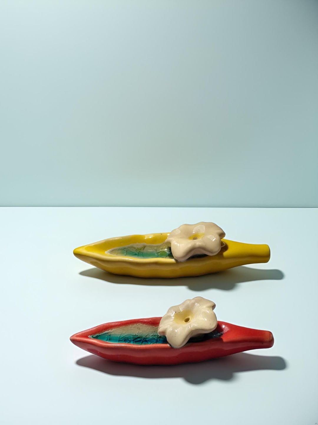 Leaf and Flower Ceramic Incense Holders - Red and Yellow, Set of 2 - home lifestyle view