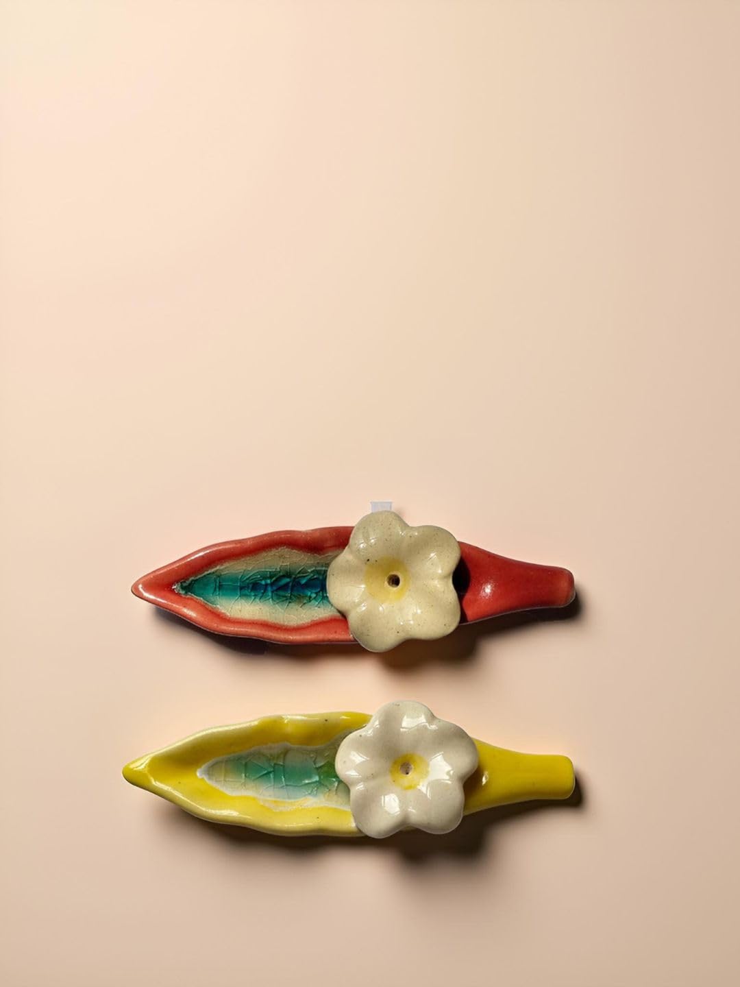 Leaf and Flower Ceramic Incense Holders - Red and Yellow, Set of 2 - additional product view