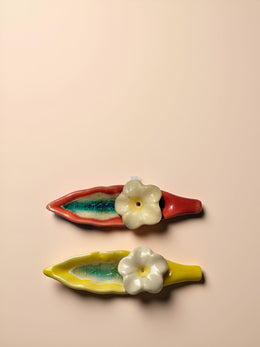 Leaf and Flower Ceramic Incense Holders - Red and Yellow, Set of 2 - additional product view