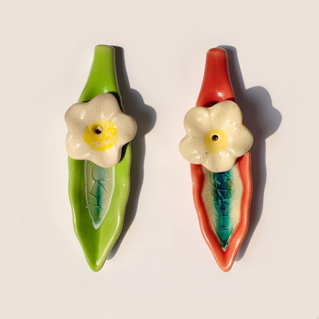Leaf and Flower Ceramic Incense Holders - Red and Green, Set of 2 - product view