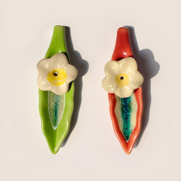 Leaf and Flower Ceramic Incense Holders - Red and Green, Set of 2 - product view
