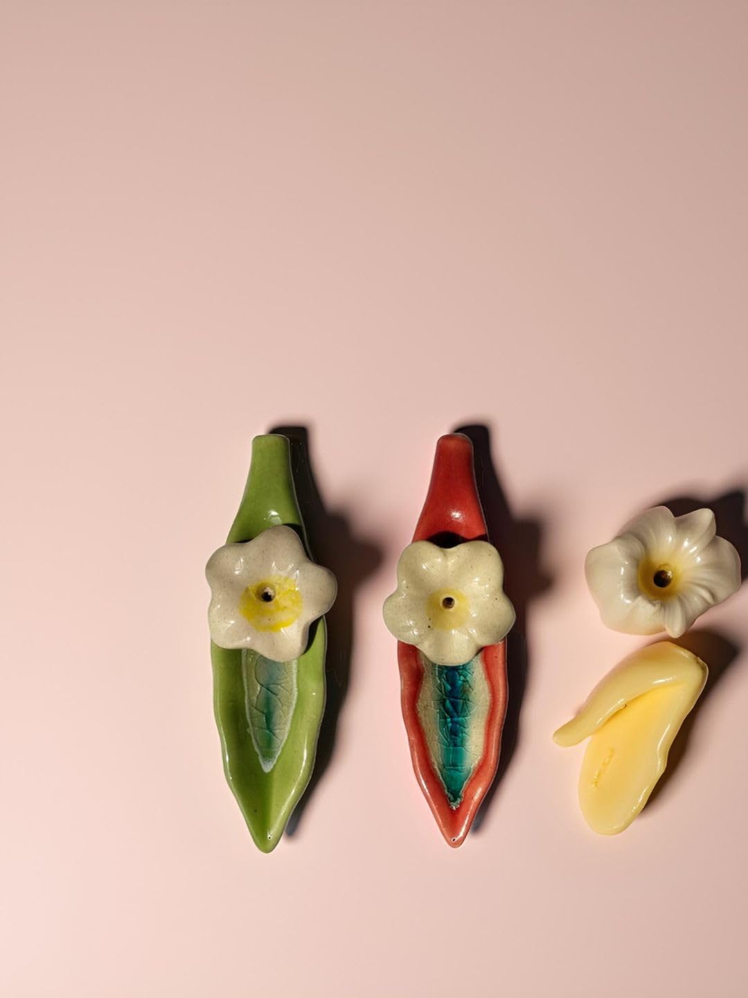 Leaf and Flower Ceramic Incense Holders - Red and Green, Set of 2 - home lifestyle view