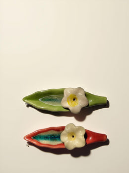 Leaf and Flower Ceramic Incense Holders - Red and Green, Set of 2 - additional product view