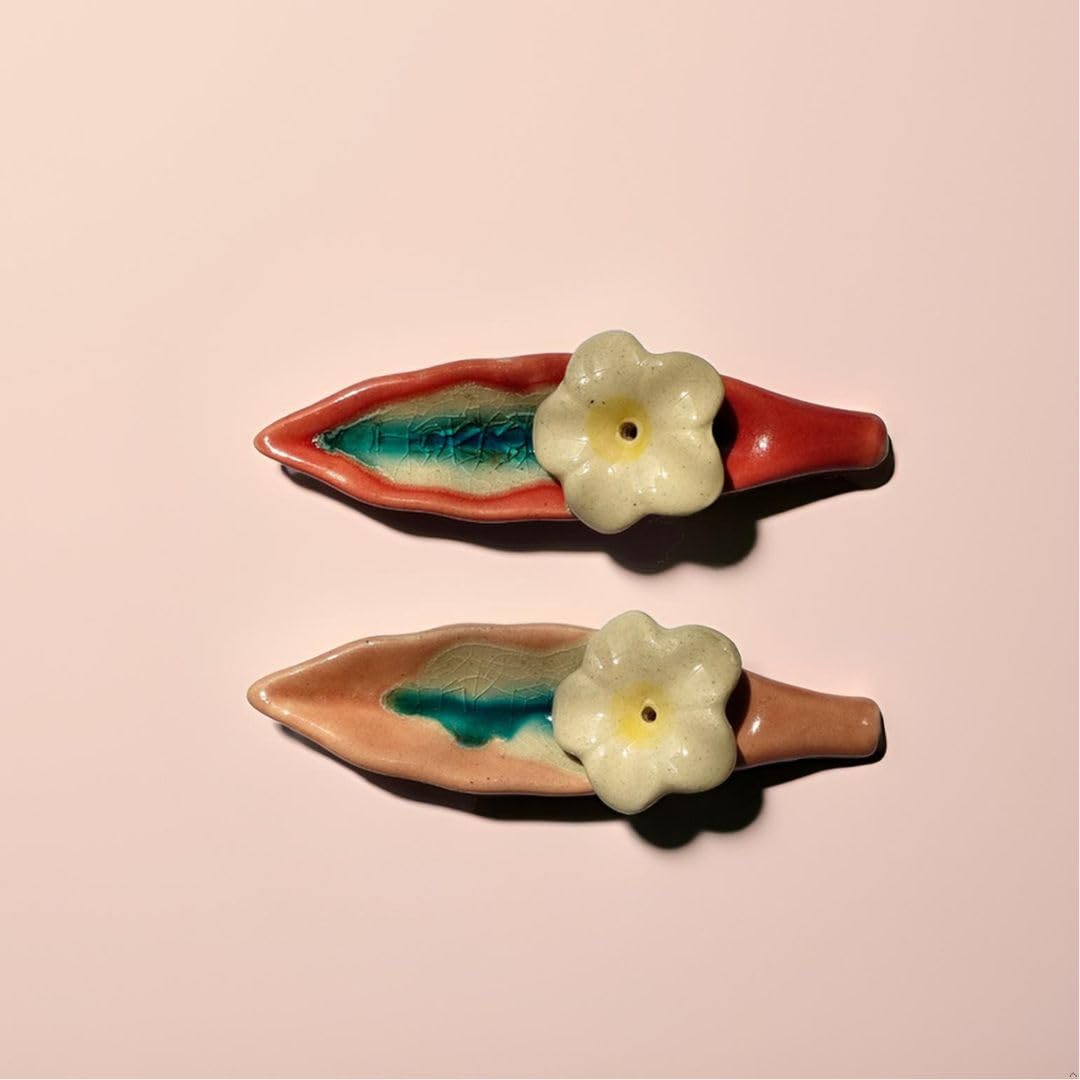 Leaf and Flower Ceramic Incense Holders - Red and Pink, Set of 2 - product view