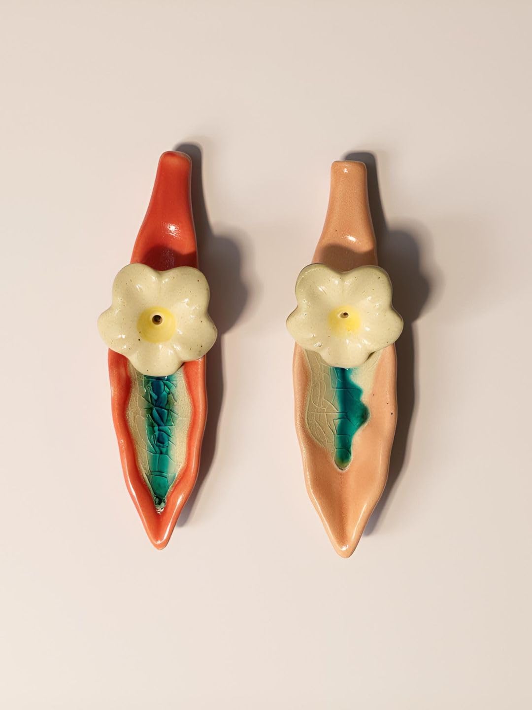 Leaf and Flower Ceramic Incense Holders - Red and Pink, Set of 2 - home lifestyle view