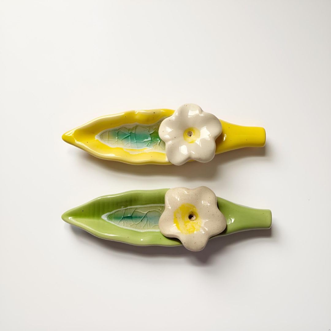 Leaf and Flower Ceramic Incense Holders - Yellow and Green, Set of 2 - product view