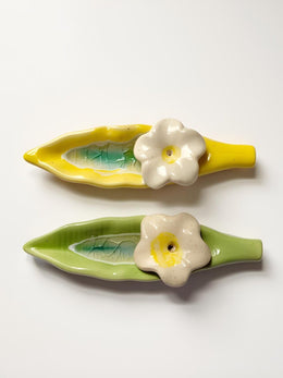 Leaf and Flower Ceramic Incense Holders - Yellow and Green, Set of 2 - home lifestyle view