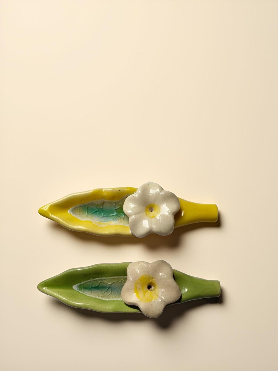 Leaf and Flower Ceramic Incense Holders - Yellow and Green, Set of 2 - additional product view