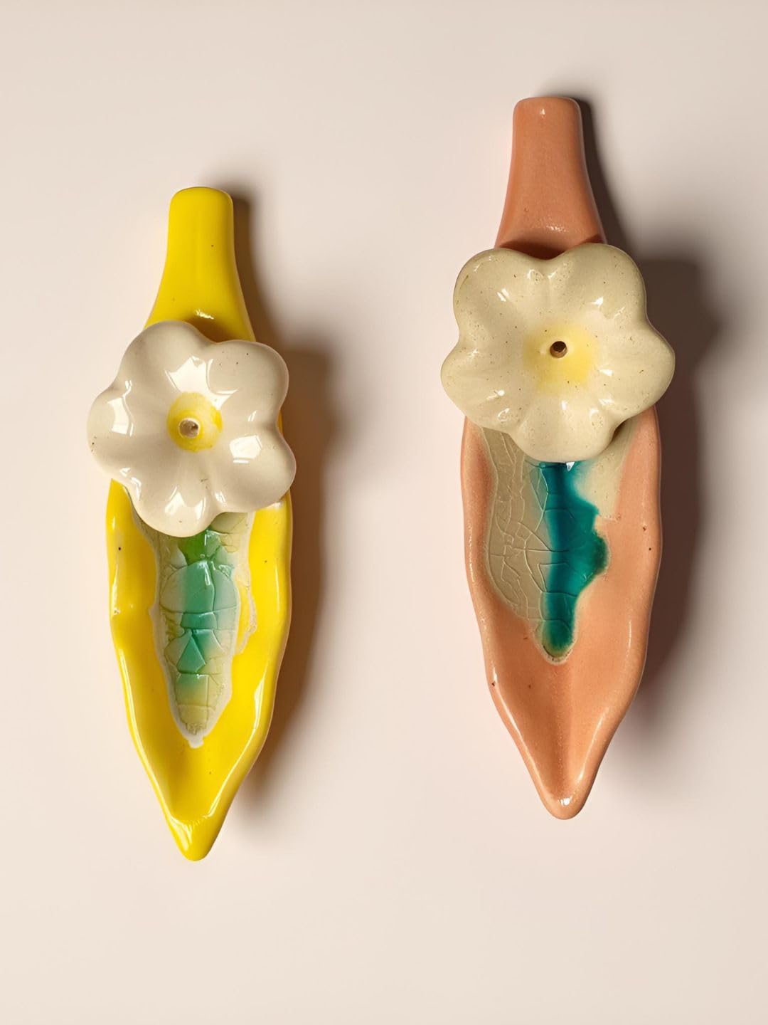 Leaf and Flower Ceramic Incense Holders - Yellow and Pink, Set of 2 - product view
