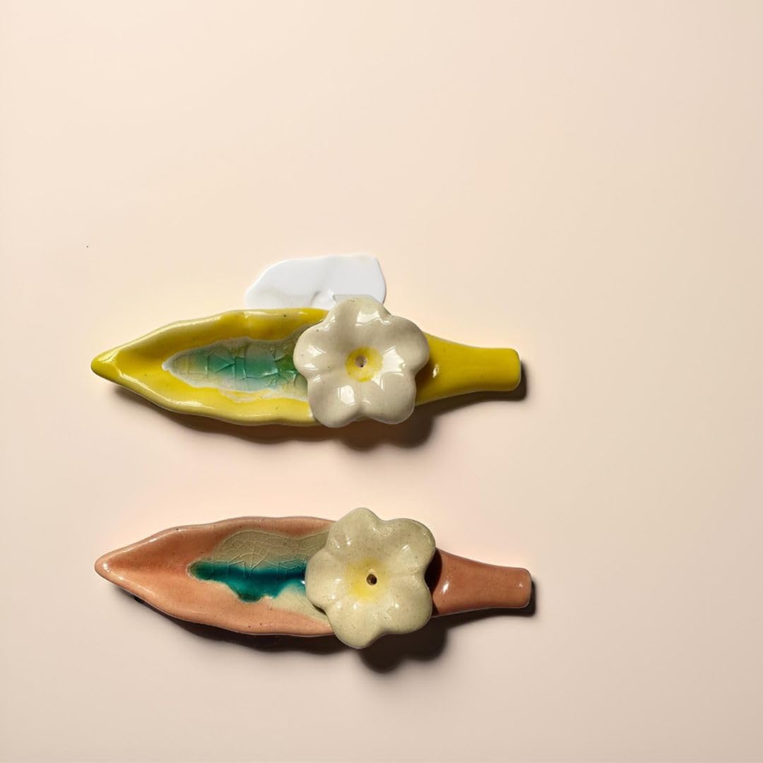 Leaf and Flower Ceramic Incense Holders - Yellow and Pink, Set of 2 - home lifestyle view