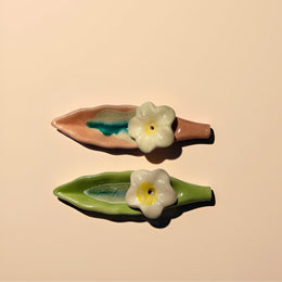 Leaf and Flower Ceramic Incense Holders - Green and Pink, Set of 2 - product view
