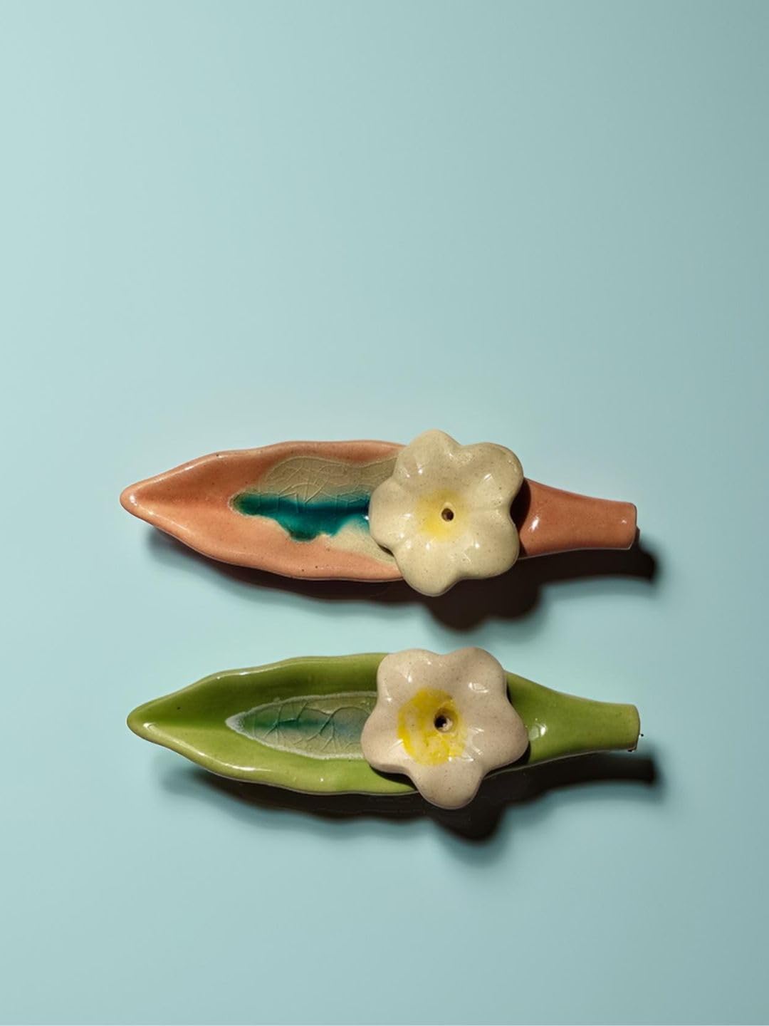 Leaf and Flower Ceramic Incense Holders - Green and Pink, Set of 2 - home lifestyle view