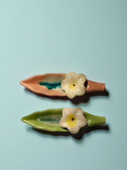 Leaf and Flower Ceramic Incense Holders - Green and Pink, Set of 2 - home lifestyle view