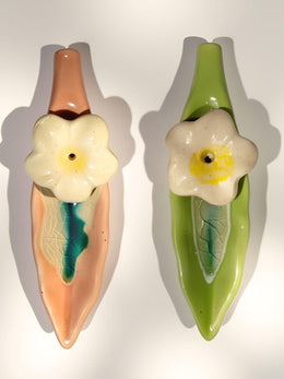 Leaf and Flower Ceramic Incense Holders - Green and Pink, Set of 2 - additional product view