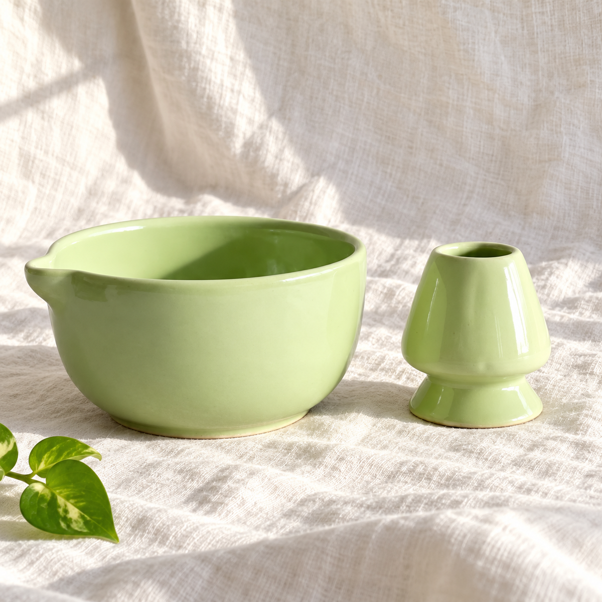 Green Mist Ceramic Matcha Bowl & Whisk Holder Set - product view