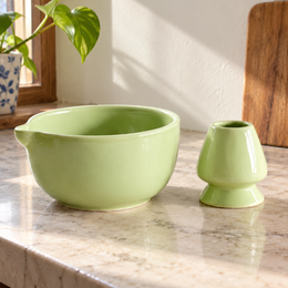 Green Mist Ceramic Matcha Bowl & Whisk Holder Set - home lifestyle view