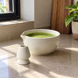 Pearl Mist Ceramic Matcha Bowl & Whisk Holder Set - home lifestyle view