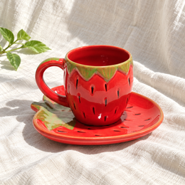 Red Strawberry Ceramic Cup and Leaf Plate Set - product view
