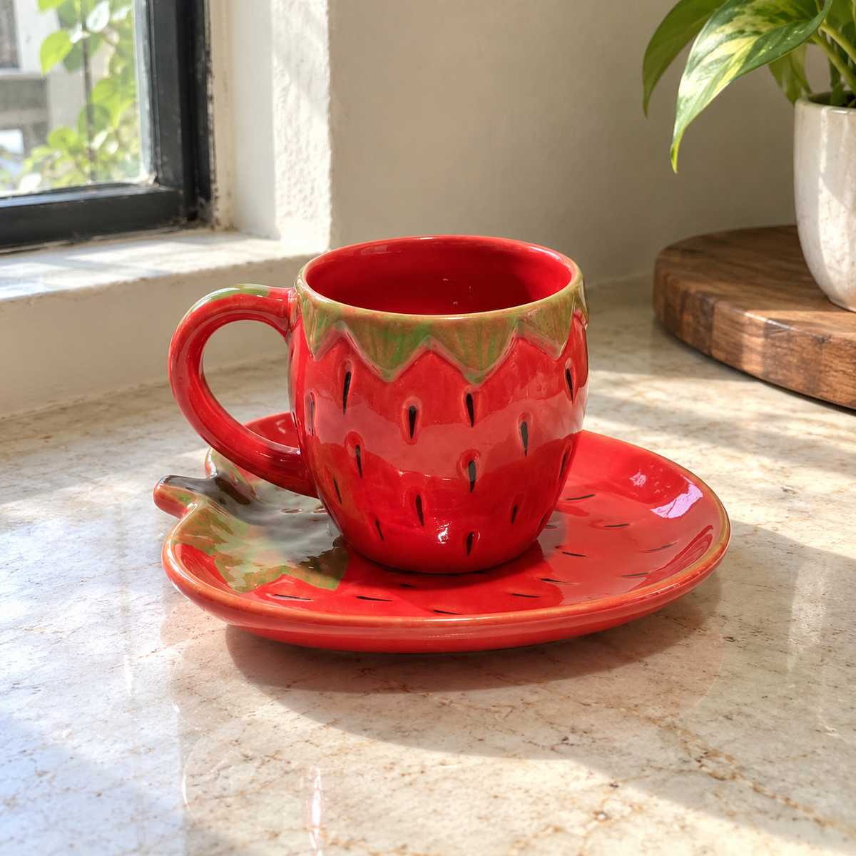 Red Strawberry Ceramic Cup and Leaf Plate Set - home lifestyle view