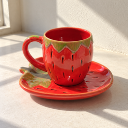 Red Strawberry Ceramic Cup and Leaf Plate Set - additional product view