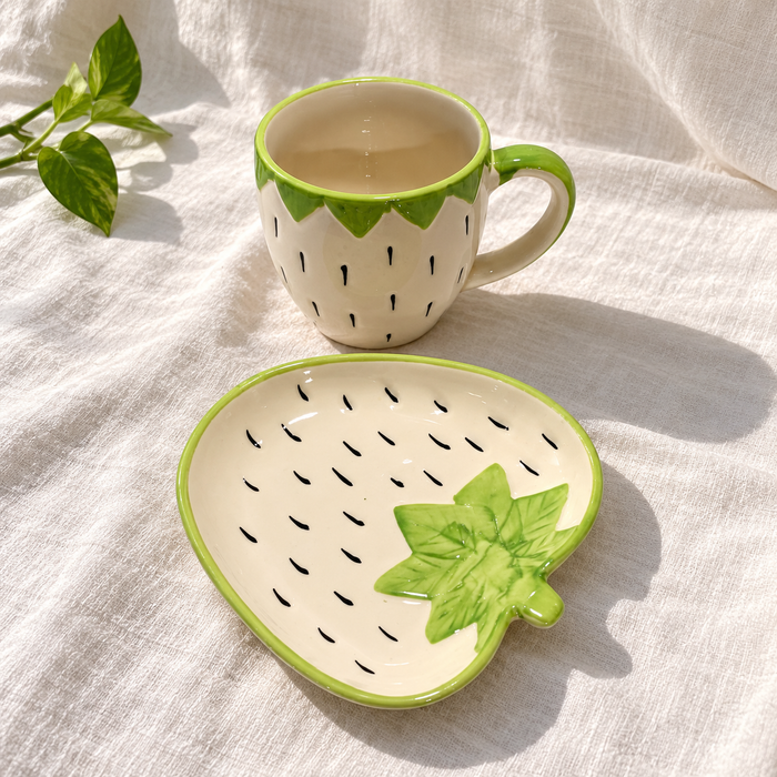 Green Strawberry Ceramic Cup and Leaf Plate Set