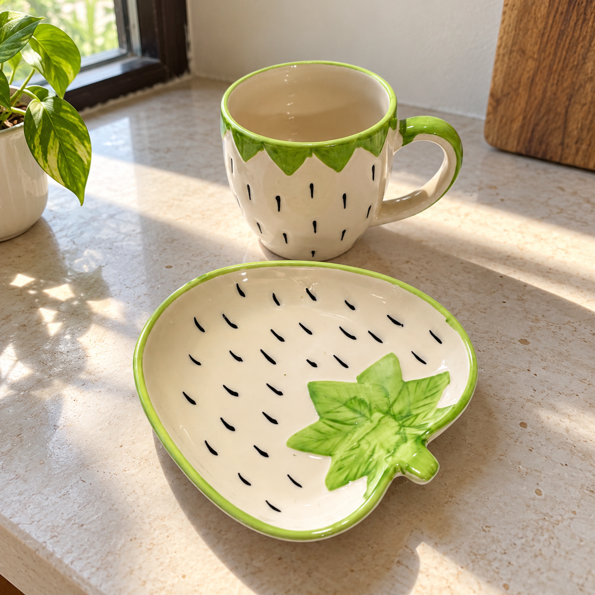Green Strawberry Ceramic Cup and Leaf Plate Set - home lifestyle view