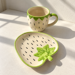 Green Strawberry Ceramic Cup and Leaf Plate Set - additional product view