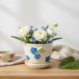 Blue Floral Ceramic Planter with Attached Saucer - product view
