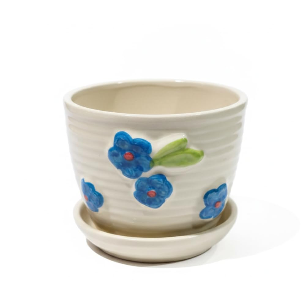 Blue Floral Ceramic Planter with Attached Saucer - home lifestyle view