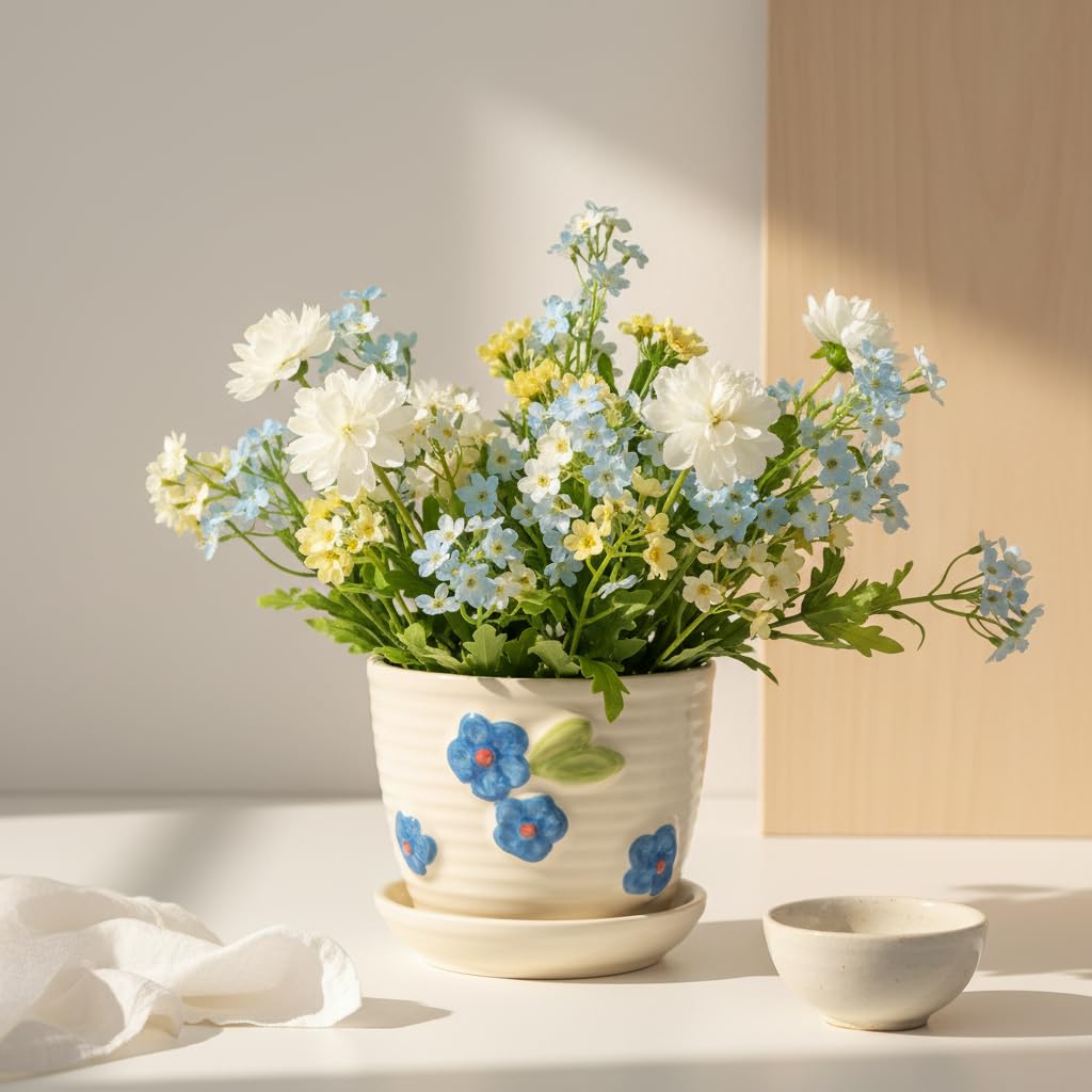 Blue Floral Ceramic Planter with Attached Saucer - additional product view