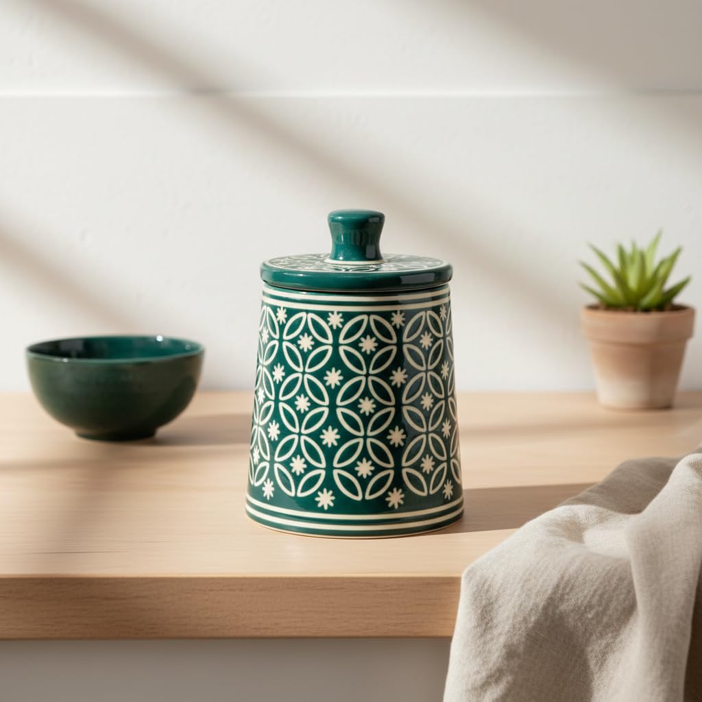 Teal Green Floral Ceramic Storage Jar - product view