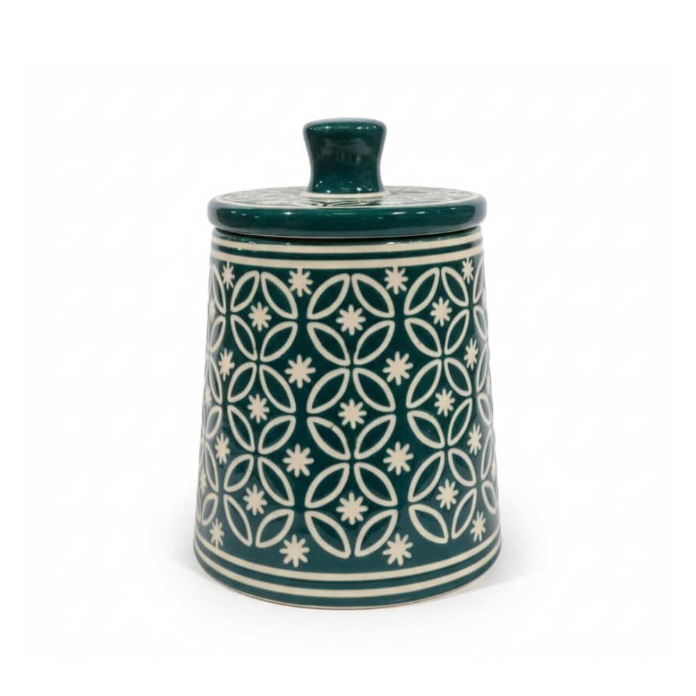 Teal Green Floral Ceramic Storage Jar - home lifestyle view