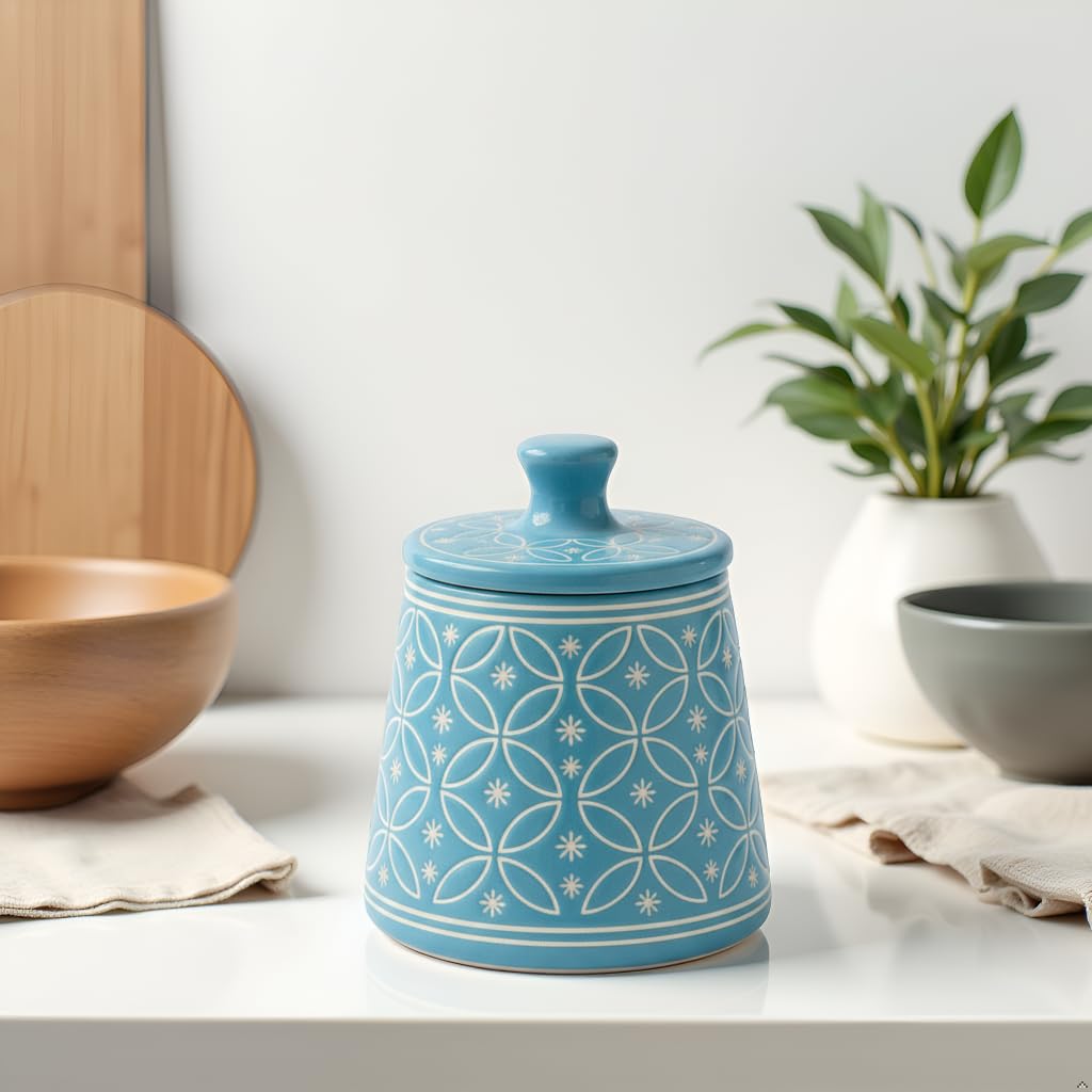 Sky Blue Floral Ceramic Storage Jar - product view