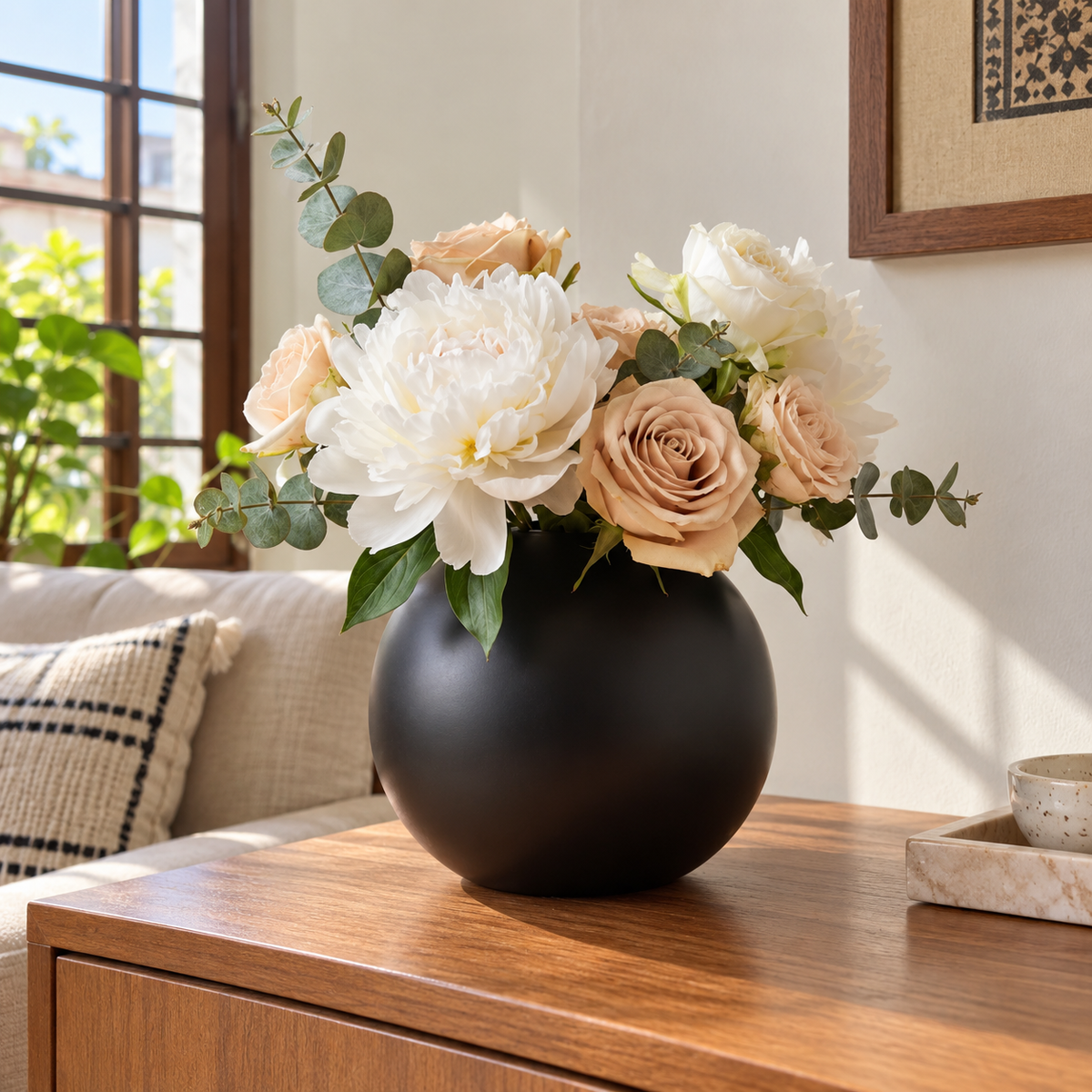 Matte Black Round Ceramic Vase - home lifestyle view
