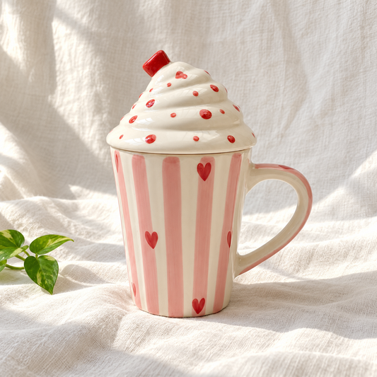 Pink Ice Cream Ceramic Mug with Lid - product view