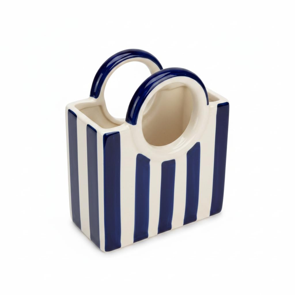Blue Striped Ceramic Basket Vase - home lifestyle view