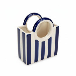 Blue Striped Ceramic Basket Vase - home lifestyle view