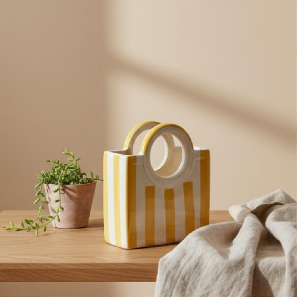 Yellow Striped Ceramic Basket Vase - product view