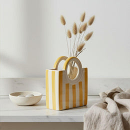 Yellow Striped Ceramic Basket Vase - home lifestyle view