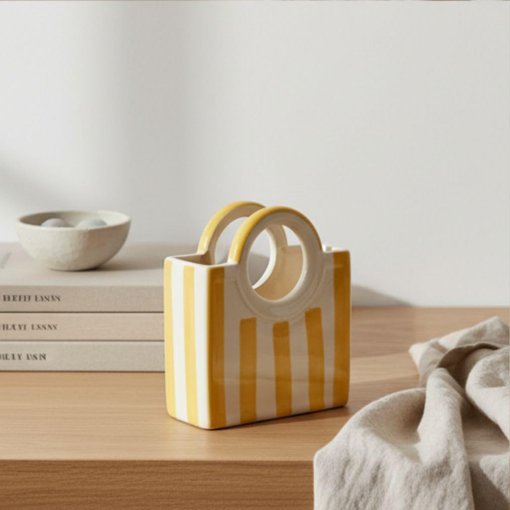 Yellow Striped Ceramic Basket Vase - additional product view
