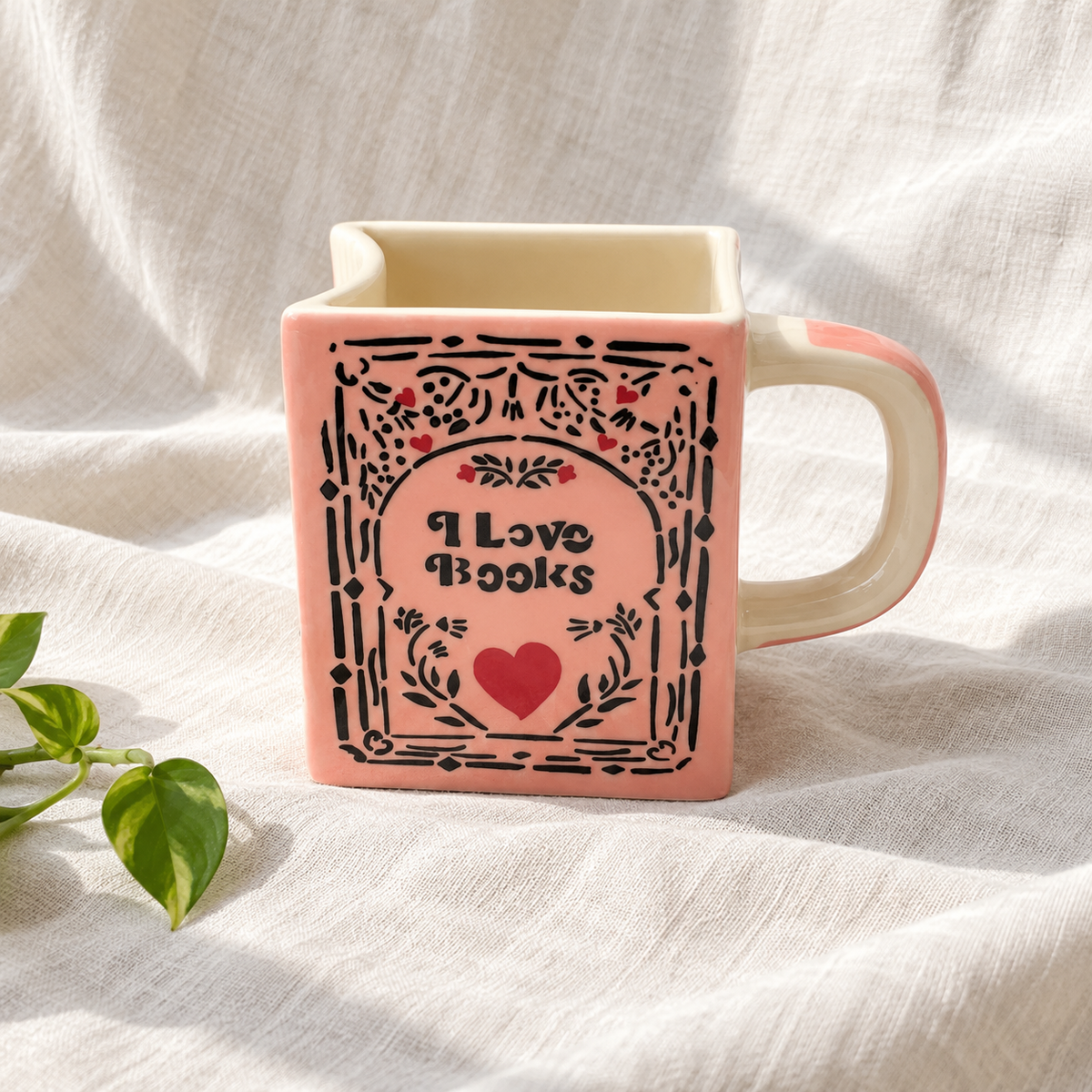 I Love Books Ceramic Mug - Coral Pink - product view