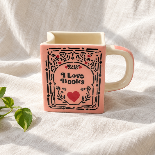 I Love Books Ceramic Mug - Coral Pink - product view