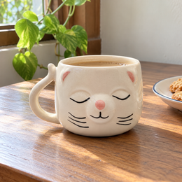 Sleepy Cat Face Ceramic Mug - home lifestyle view