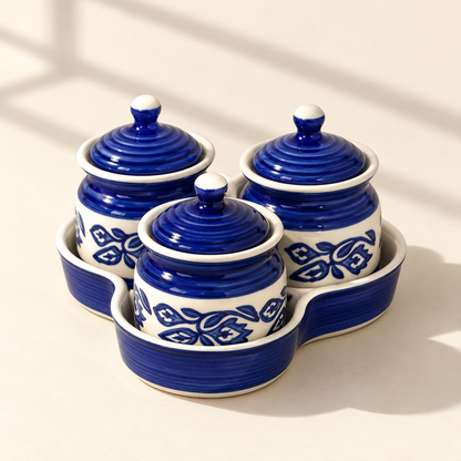 Blue Floral Ceramic Jar Set of 3 with matching lids and tray on a plain ivory backdrop