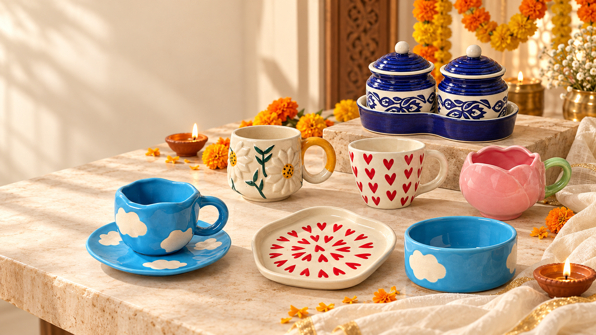 Pastel Home ceramics with glowing diyas and marigold flowers for Diwali