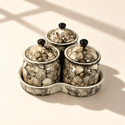 Grey Marble Ceramic Jar Set of 3 with matching lids and tray on a plain ivory backdrop