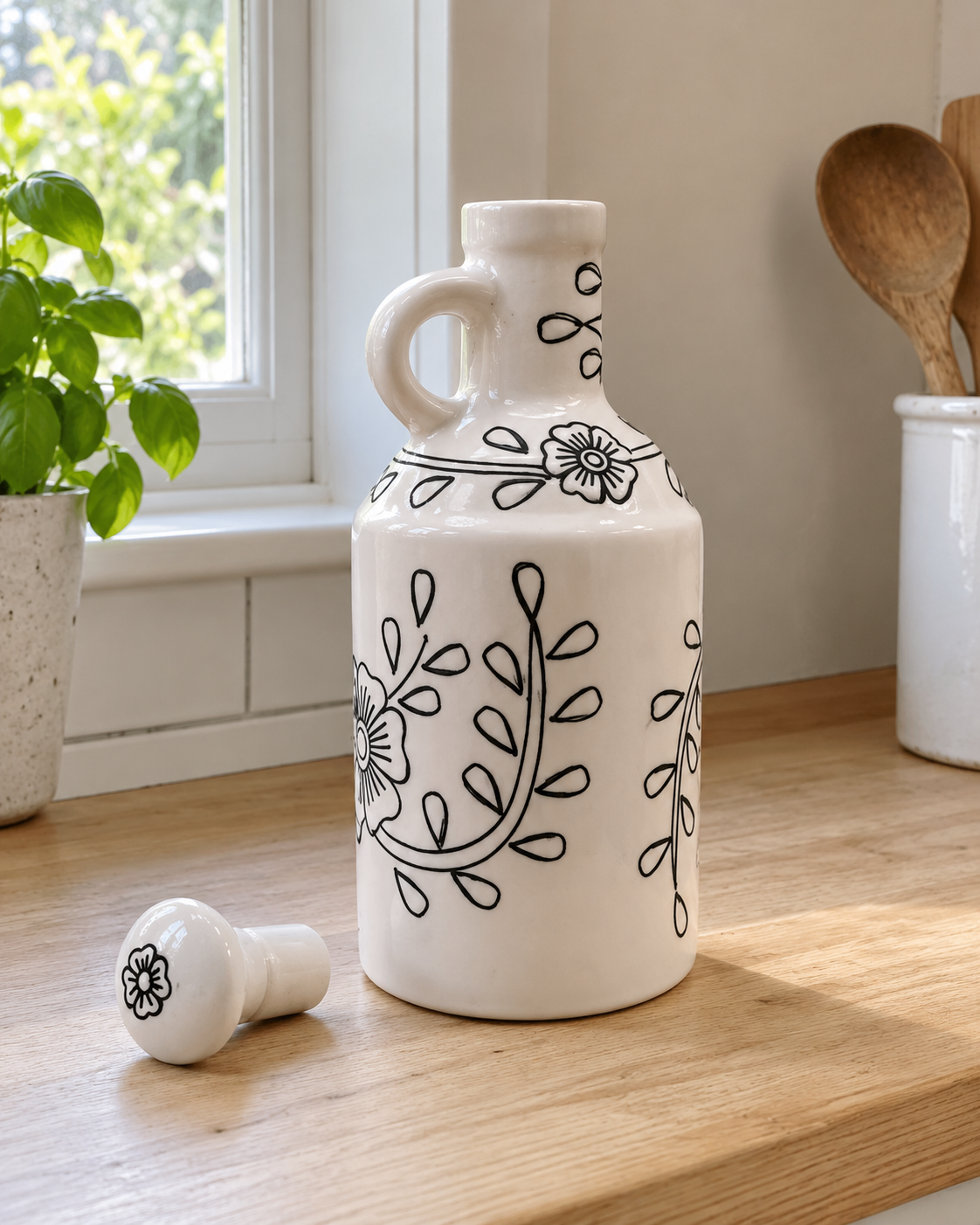 White Botanical Ceramic Oil Dispenser - 1 L — kitchen lifestyle
