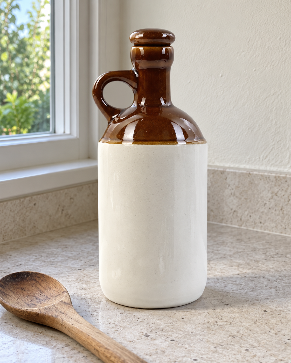 Classic Brown and White Ceramic Oil Dispenser - 1 L — natural kitchen lifestyle