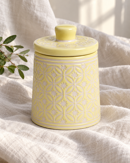 Soft Yellow Patterned Ceramic Storage Jar — off-white drape