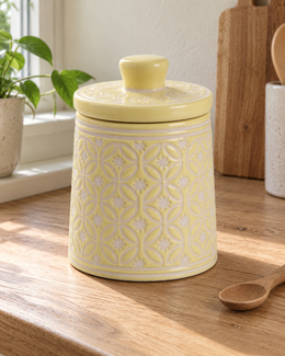 Soft Yellow Patterned Ceramic Storage Jar — kitchen lifestyle
